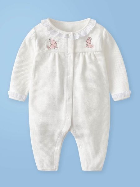 

baby rabbit embroidered front button mesh embroidered hem jumpsuit she, Blue