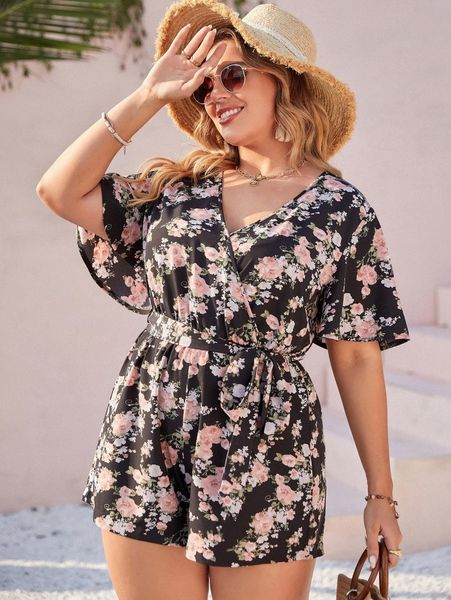 

plus floral print butterfly sleeve belted romper w6ra#, Black