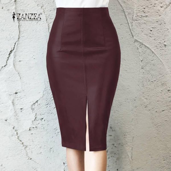 

s 3xl zanzea women zipper split skirts spring fashion pu leather pencil skirts solid package hip vestidao female faldas saia1, Black