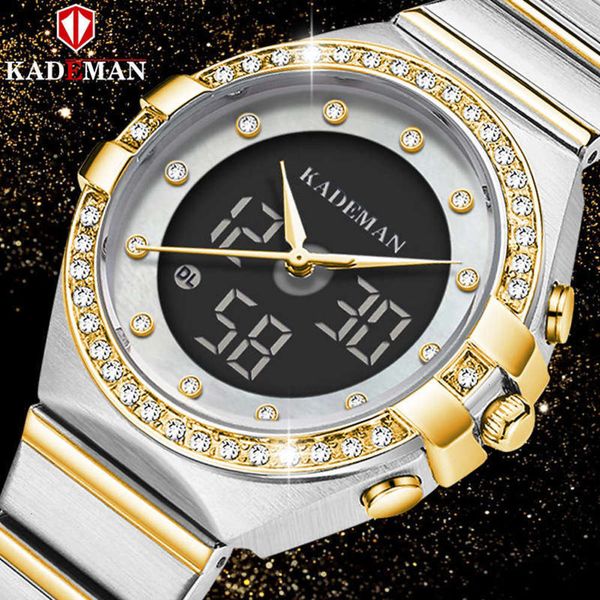 

casual fashion kademan women's watch kademan dual movement lcd display waterproof steel band watch k9079ljr22, Slivery;brown