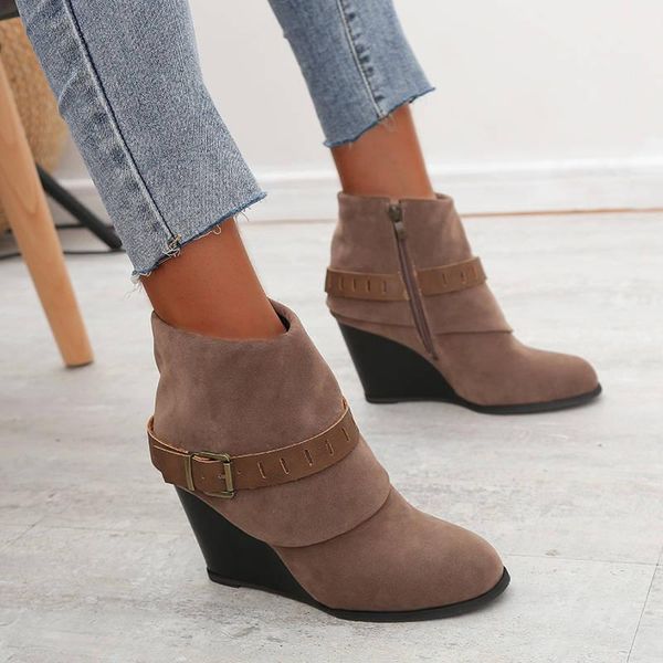 

boots women chaussure ankle high heels pumps booties plus size autumn wedges pu leather shoes woman zapatos mujer sapato, Black