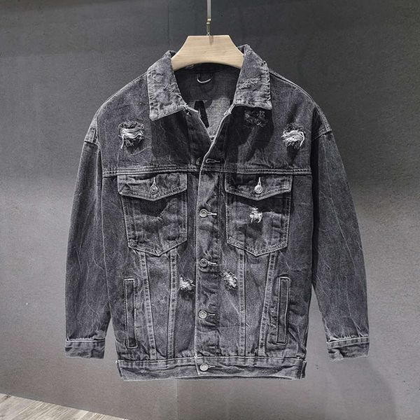 

and winter new fashion brand worn out autumn grey men's korean denim jacket, Black