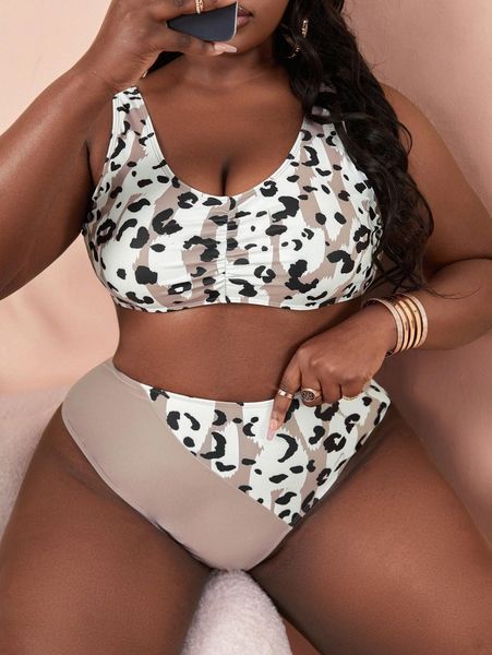 

plus leopard & color block bikini swimsuit v8ab#, Black