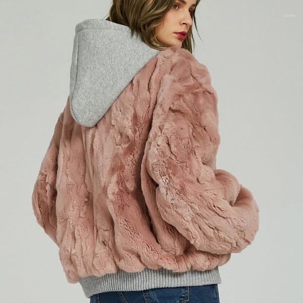 

2020 new fashion women natural rex fur shearling jacket hoody casual loose fit parkas patchwork reversible real fur coat1, Black