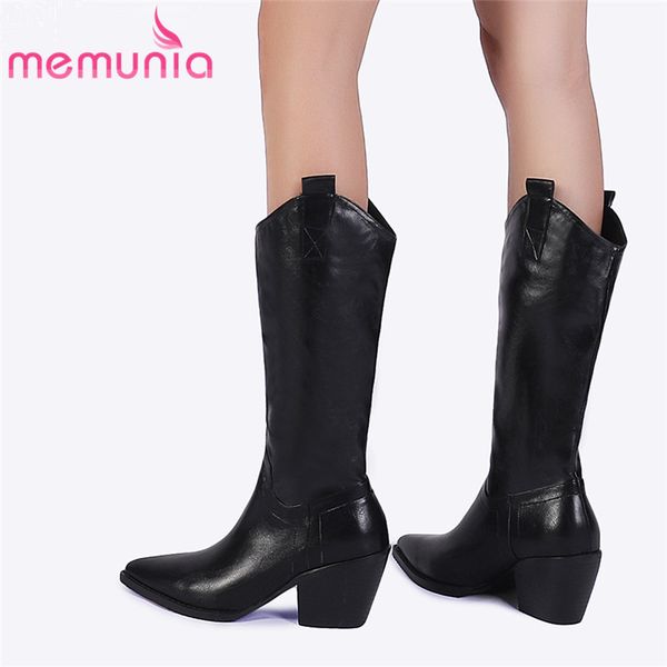 

boots memunia 2021 arrival mid calf women pointed toe slip on autumn cowboy western square high heels shoes woman, Black
