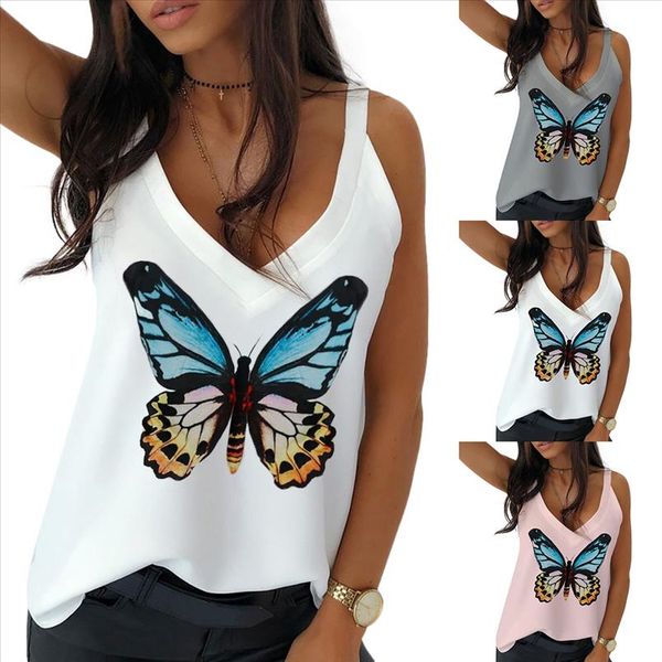 

butterfly printed shirts women summer sleeveless blouse femme casual loose blouses female v neck blusas mujer d30, White