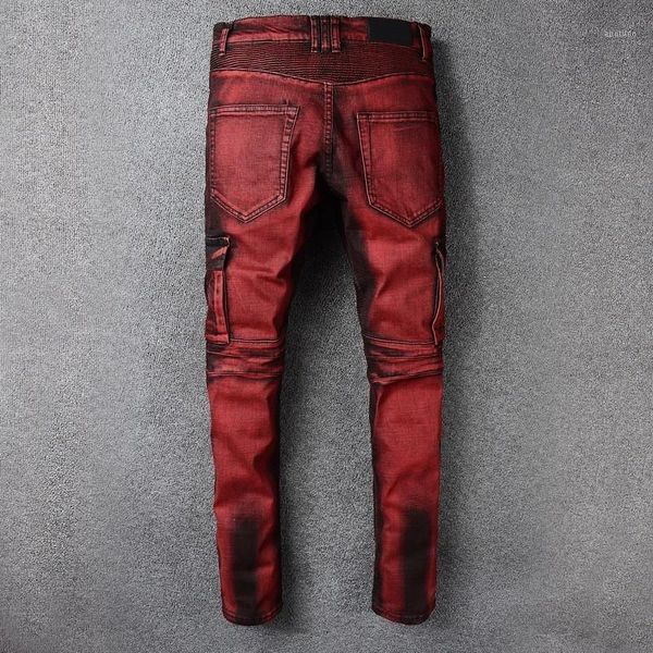 

men's jeans 2021 mens punk retro red hole ripped denim cargo trousers plus size slim fit motorcycle pocket long pencil pants1, Blue