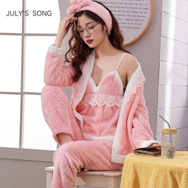 

july's song women pajama sets 4 peices flannel pink thick warm women autumn winter pajamas sleepwear sling lace homewear y200425, Black;red
