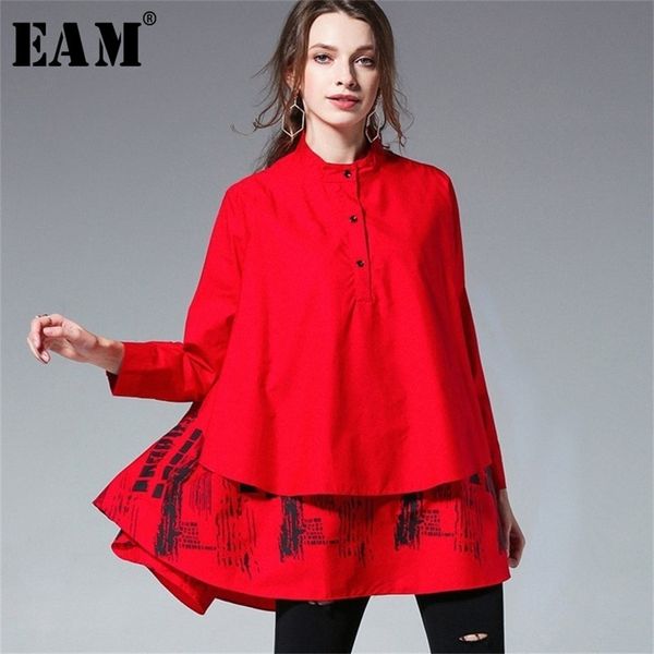[EAM] Nuova primavera autunno tinta unita stampata camicetta manica lunga impiombata stand camicia da donna allentata di grandi dimensioni LJ200811