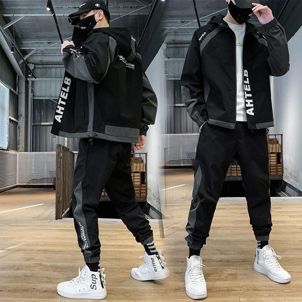 

mens cargo pullover streetwear hooded tracksuit 2 pieces sets jackets and cargo pants loose fit pants hip hop jacket, Gray