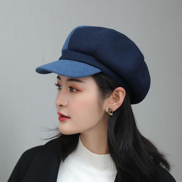 

vintage fashion women's warm beanie solid thicken soft wool hat windproof cap berets hat cap casquette berets patchwork #10, Blue;gray