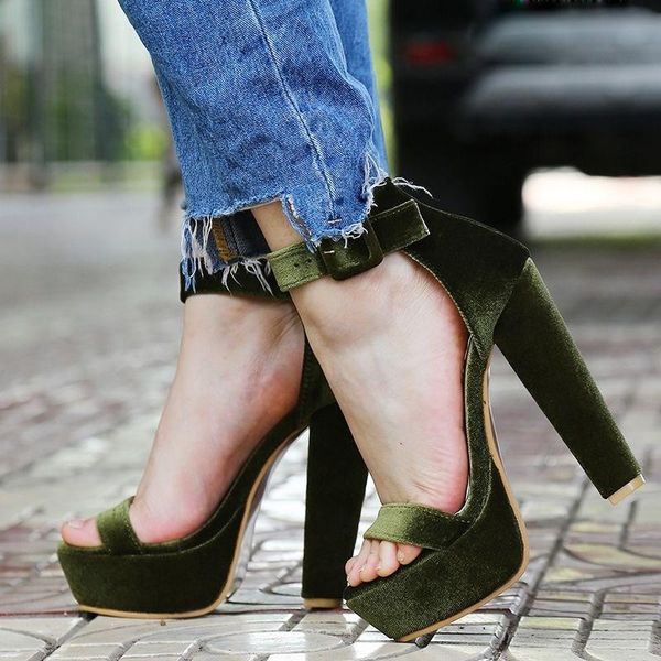 

sandals high platform for women velvets open toe square heels gladiator lady solid buckle strap party casual shoes, Black
