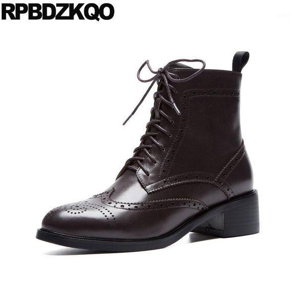 

combat ankle british round toe fur fall brogue brown brand women winter boots genuine leather 2020 lace up shoes chunky1, Black