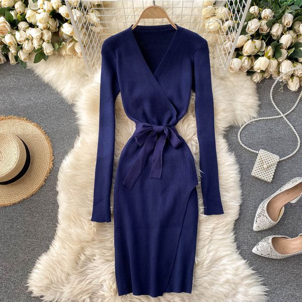 

2021 new dressed in woman's knitted shirt fall elastic winter pencil thin dress y2lm, Black;gray