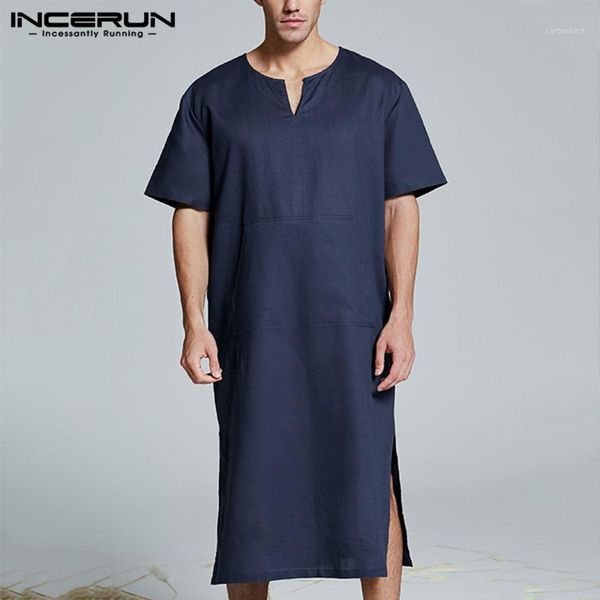 

men's sleepwear incerun short sleeve cotton men robes vintage pajamas v neck pockets cozy solid nightgown homewear kaftan mens bathrobe, Black;brown