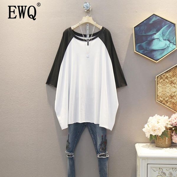 

women's t-shirt [ewq] 2021 spring summer arrivals o-neck half sleeve solid pattern patchwork women casual loose was thin ay719001, White