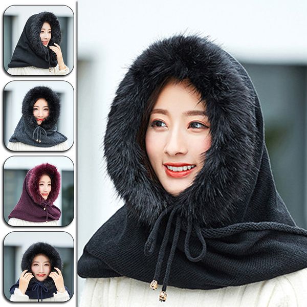 

women autumn winter warm knitted scarf set outdoor sport plus plush skullies beanies caps hooded scarves women's hat