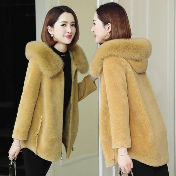 

women ladies new overcoats sheep shearing fox female coats hooded genuine y86 outcoat winter solid real elegant casual fur odfpn, Black