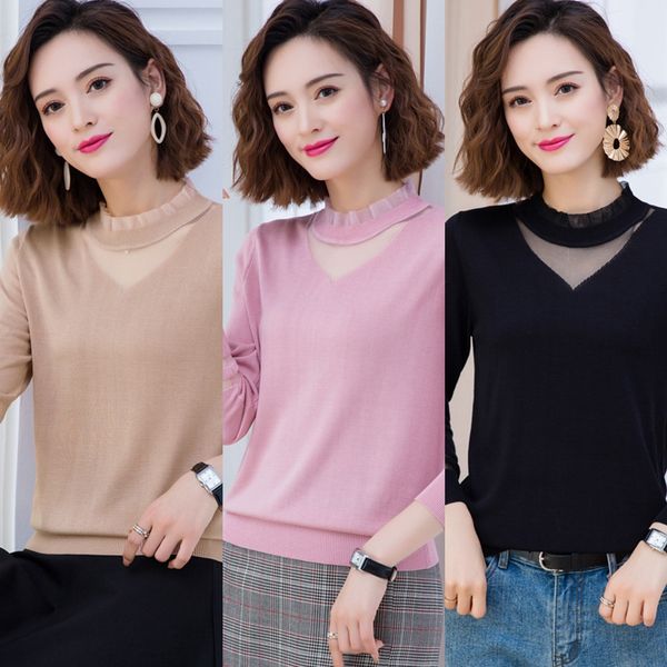 

полые худых женщин 2020 весной новый футболку sweatersweater свитер корейской рыхлой сетки древесины уха длинный рукав короткий футболку lrt, White;black