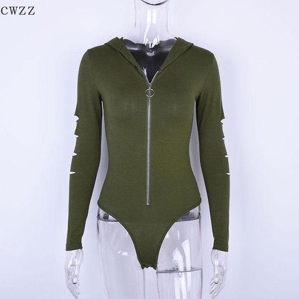 

zipper hood loog sleeve bodysuits highstreet solid slim skinny hollow out women streetwear bodysuits club party1, Black;white