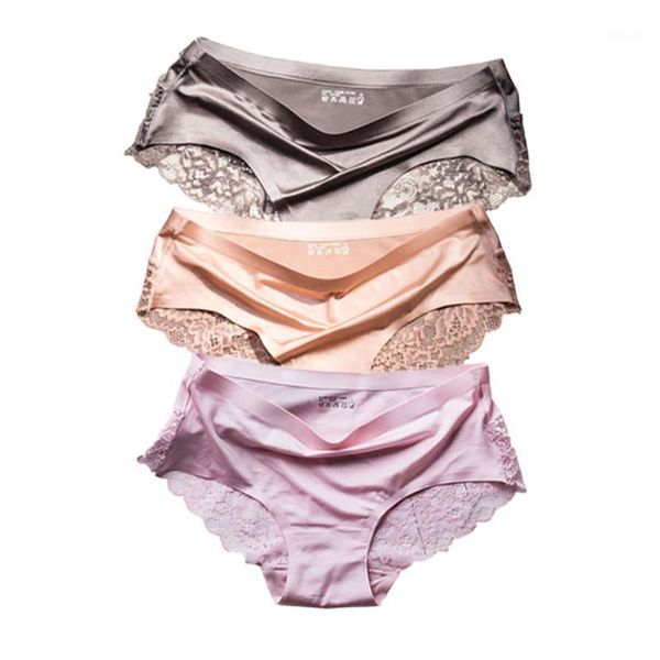 

women's panties 3pcs/pearlescent cloth lace stitching -xxl 6 solid color one-piece seamless ladies mid-waist panties1, Black;pink