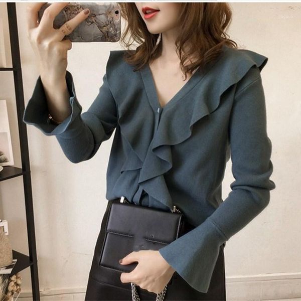 

spring autumn v-neck ruffles slim knitted sweaters cardigans female single breasted flare sleeve thin pullovers1, White