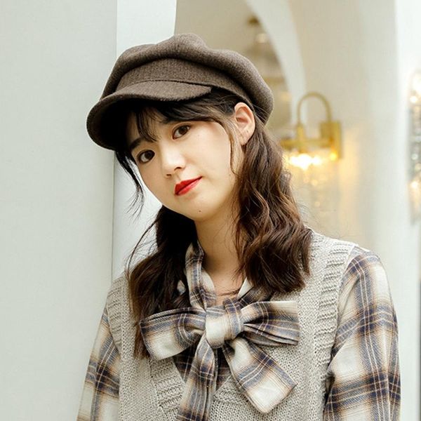 

new autumn and winter octagonal hat british retro cap striped knitted thick newsboy hat, Blue;gray
