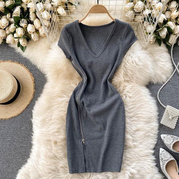 

yuoomuoo 2021 new summer women dress ins fashion zipper design split v-neck slim bodycon mini dress party vestidos1, White;black