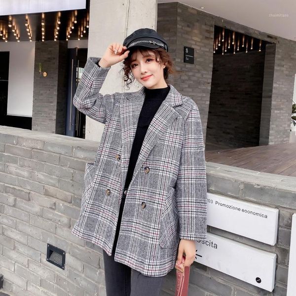 

women blend blazer notch collar woolen jacket 2020 winter thicken suit coat female double-breasted vintage plaid femme blazers1, White;black