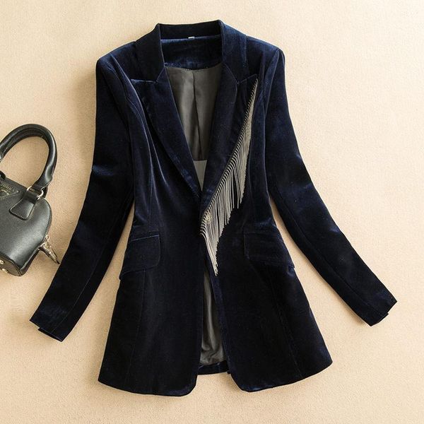 

black gold velvet suit jacket female spring and autumn temperament self-cultivation fashion high-end tassel blazer coat y9011, White;black