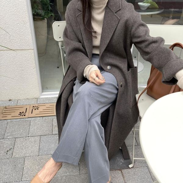 

winter women's new french style retro loose lace long sleeve wwoolen coat1, Black