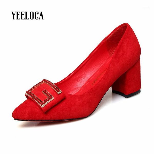 

yeeloca 2021 pumps women shoes high heels pointed toe spring autumn square heel flock casual metal decoration woman shoes1, Black