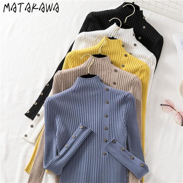 

matakawa bottoming shirt solid color slim ladies pullover 2020 autumn korean half turtleneck button knit sweater women1, White;black