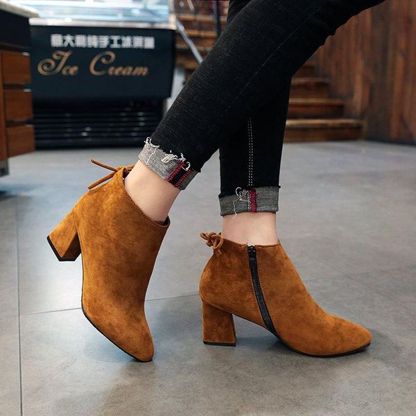 

big size 35-43 bare boots side zipper flock ankle boots women botas mujer back bow botines high heels winter black 76c47