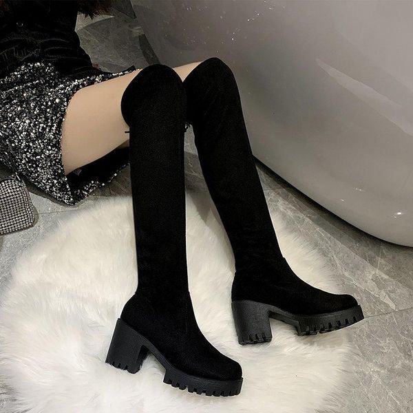 

2020 new plus velvet warmth over-the-knee women boots lace-up beaded thick heel round toe suede soft thigh high flat boots, Black