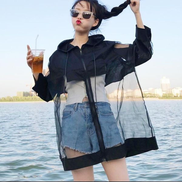 

spring summer new pattern cardiagn hooded patchwork mesh hem three quarter sleeve thin ladies fashion coat1, Black;brown