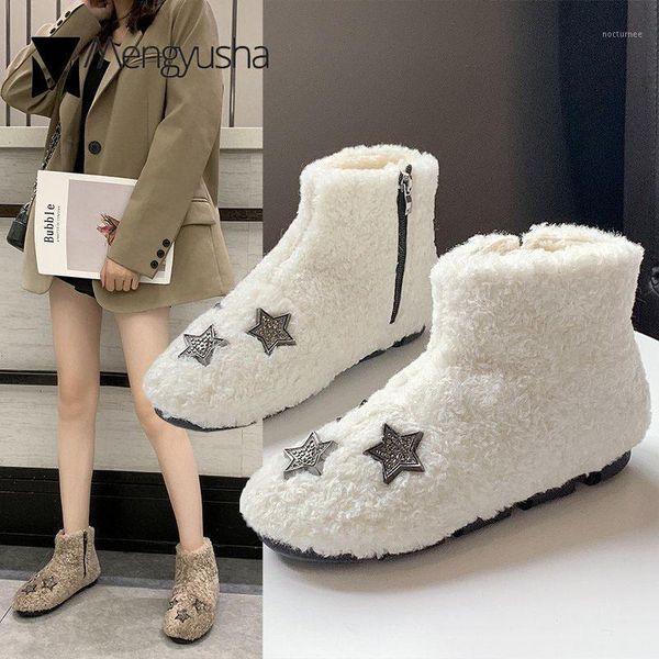 

crystal studs fur snow boots women plush winter shoes short ankle furry cotton botas ankle lambswool botte femme hiver 2020 luxe1, Black