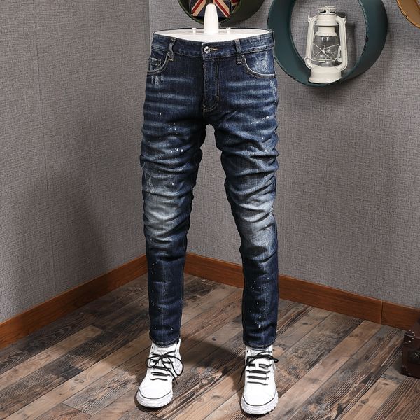 

2021 new italian style fashion men jeans vintage designer dark blue slim fit ripped denim pants streetwear hip hop trousers mjg