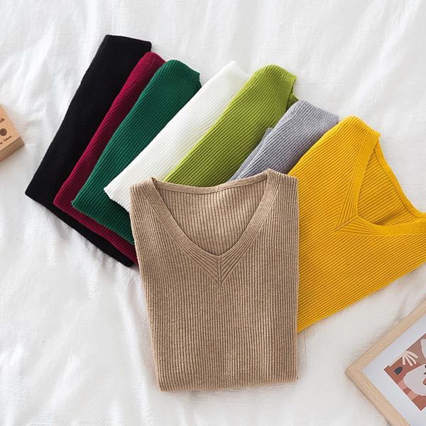 

2021 new autumn winter v neck sweater women slim solid wild knit v neck sweater women long sleeved pullovers knitted sweater, White;black