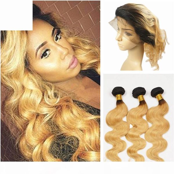

ombre 360 lace frontal with bundles two tone human virgin brazilian hair with 360 full lace band frontal #1b 27 honey blonde bundles, Black;brown
