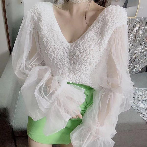 

women 2020 sweet fashion v-neck lace cropped blouses vintage puff sleeves back elastic female shirts chic 1, White
