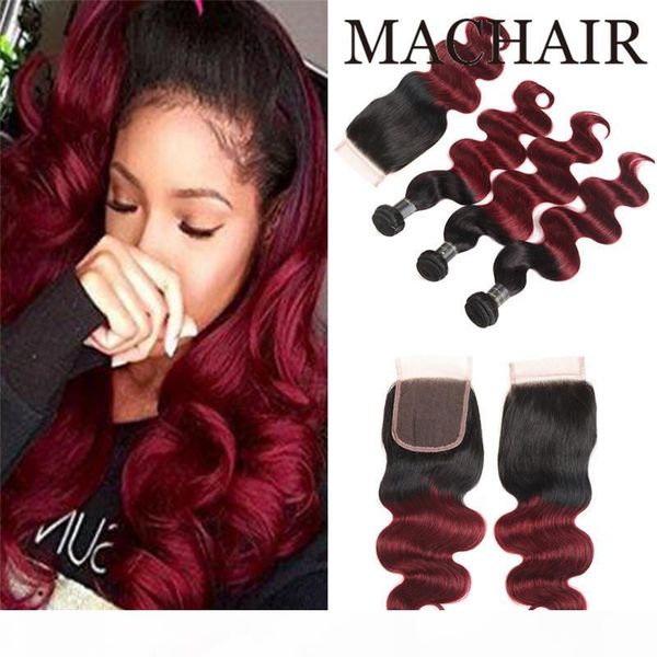 

ombre peruvian body wave virgin hair weaves two tone 1b 99j burgundy wine red peruvian 3 bundles with 4*4 lace closure 4pcs lot, Black;brown