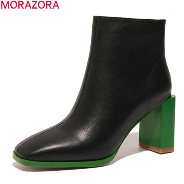 

boots morazora 2021 big size 33-42 fashion women genuine leather thick high heels square toe abkle black white1