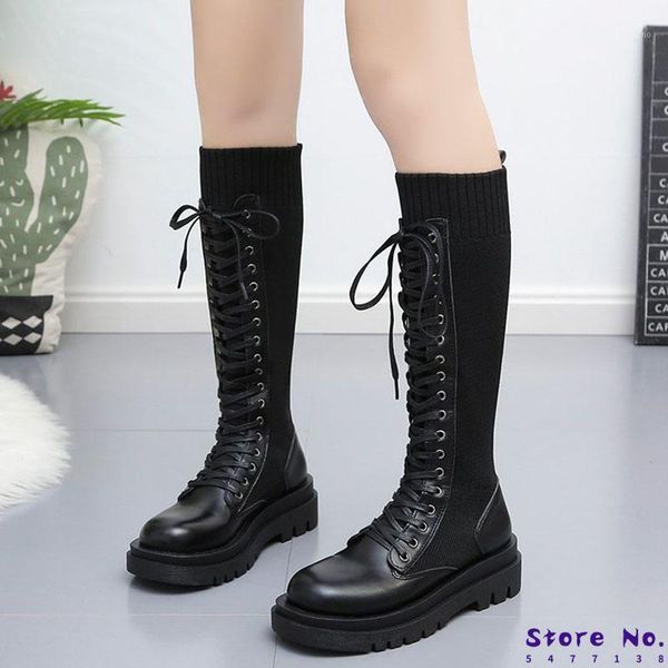

patchwork elastic knitted knee high boots women fashion lace up chunky platform shoes woman pu leather long sock boots1, Black