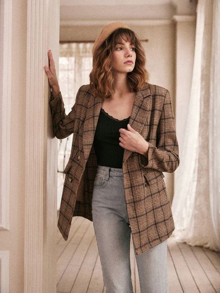 

glen plaid double breasted overcoat 49tx#, Black