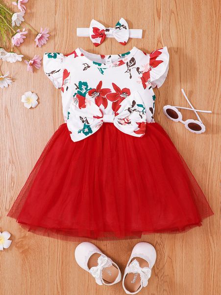 

toddler girls bow front floral print mesh panel dress & headband she, Red;yellow