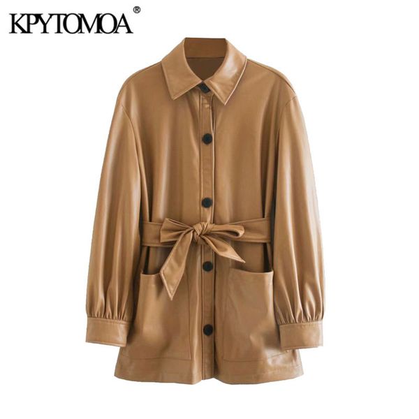 

kpytomoa women 2020 fashion with belt faux leather loose jacket coat vintage long sleeve pockets female outerwear chic, Tan;black