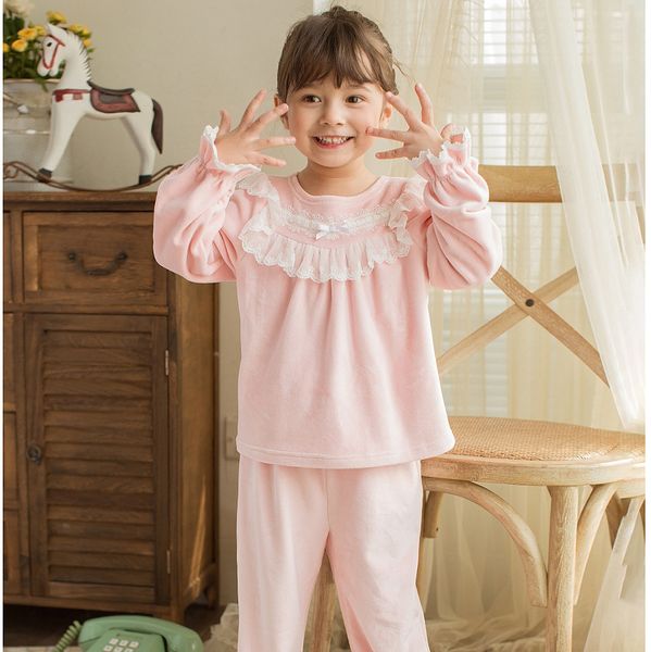 

autumn winter children girl lolita pink velvet pajama sets.lace +pants.vintage toddler kid pyjamas set.warm sleep loungewear c1019, Blue;red