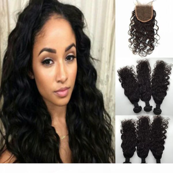 

7a water wave with closure 100% human hair wet and wavy with closure virgin malaysian hair with middle 3 part lace closure, Black