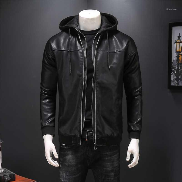 

men hooded hat motorcycle removable pu leather men's jacket1, Black